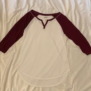 Maroon and white baseball tee